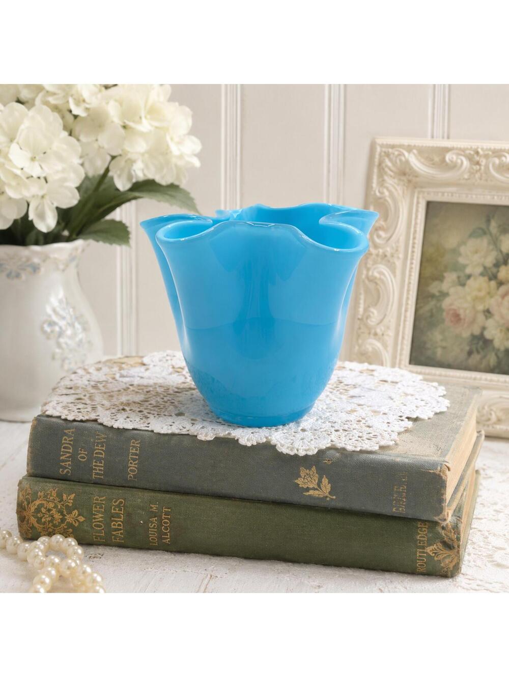 Vintage Fenton Turquoise Blue Opaque Crimped Rim Vase Hand Blown Art Glass 4”
